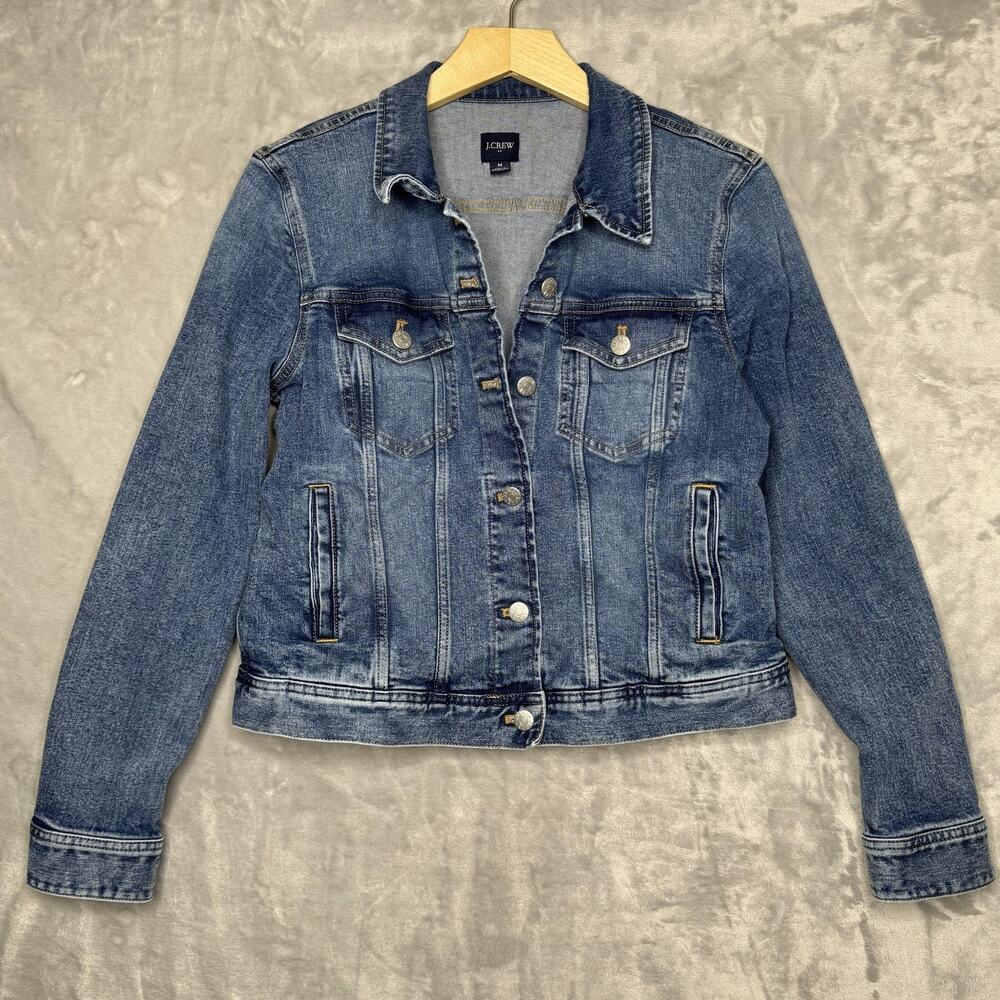 J Crew Denim Jean Jacket Womens Medium Blue Trucker Button Front Stretch Pockets